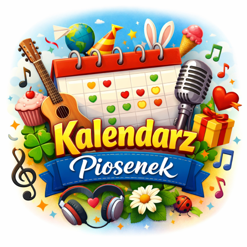 Kolorowa animacja do napisu Kalendarz piosenek- zawiera instrumenty, nuty, kalendarz z serduszkami. Kolorowa animacja.